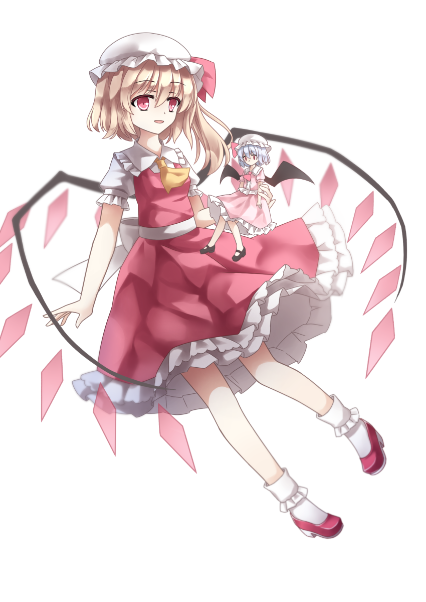 2girls ascot back_bow bat_wings black_footwear blonde_hair blue_hair bobby_socks bow breasts collared_shirt flandre_scarlet frilled_shirt_collar frilled_skirt frilled_sleeves frills full_body hair_between_eyes highres holding large_bow mechrailgun medium_hair mini_person minigirl multiple_girls one_side_up open_mouth pink_ascot pink_shirt pink_skirt red_eyes red_footwear red_skirt red_vest remilia_scarlet shirt simple_background skirt skirt_set small_breasts socks solid_oval_eyes touhou vest white_background white_bow white_headwear white_shirt white_socks wings yellow_ascot