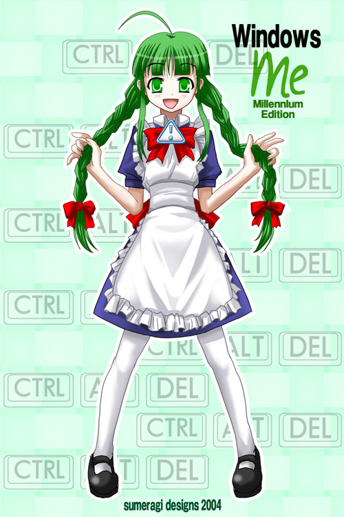 1girl ahoge braid female_focus green_eyes green_hair matching_hair/eyes me-tan microsoft microsoft_windows os-tan solo thighhighs twin_braids windows_classic windows_me