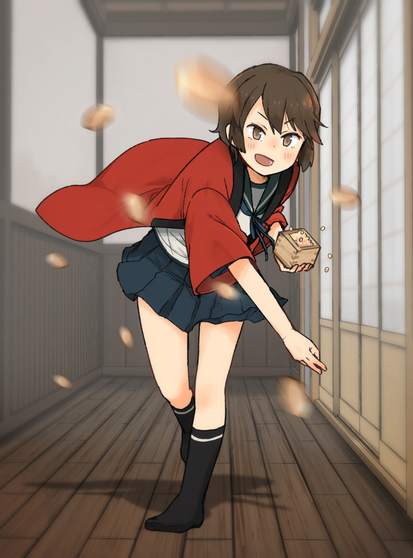1girl annin_musou beans black_hair black_socks blue_sailor_collar blue_skirt blush brown_eyes full_body hair_between_eyes happi holding japanese_clothes kantai_collection kneehighs masu miyuki_(kancolle) miyuki_(setsubun)_(kancolle) open_mouth pleated_skirt sailor_collar school_uniform serafuku setsubun short_hair skirt smile socks solo v-shaped_eyebrows