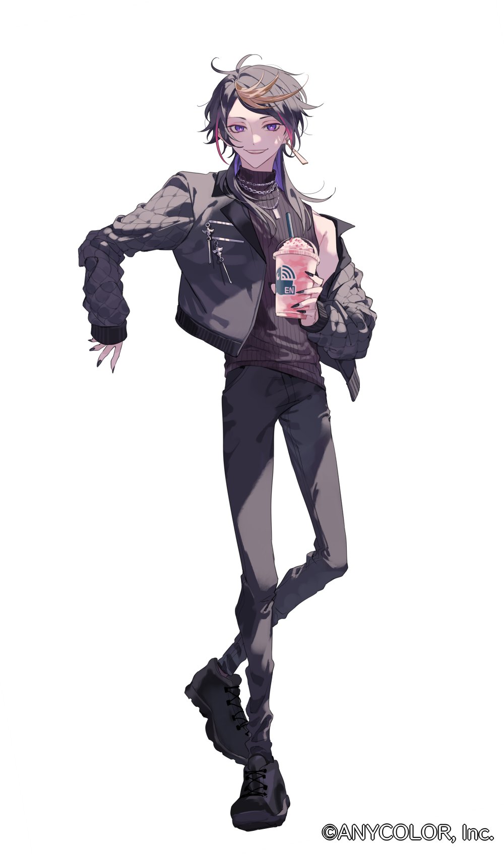 1boy black_hair black_jacket black_nails black_pants black_shoes blonde_hair chain chain_necklace colored_inner_hair commentary_request cup disposable_cup drinking_straw earrings full_body highres holding holding_cup jacket jewelry long_sleeves looking_at_viewer male_focus multicolored_hair multiple_necklaces necklace nijisanji nijisanji_en official_art pants purple_eyes purple_hair shoes simple_background single_earring sleeveless sleeveless_turtleneck smile solo streaked_hair turtleneck ugonba_(howatoro) virtual_youtuber white_background