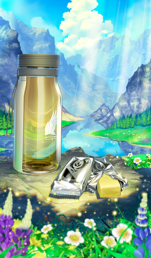 blue_flower blue_sky bottle candy_wrapper cloud commentary crumbs drink fate/grand_order fate_(series) flower food food_focus grass light_particles light_rays mountain nature no_humans official_art outdoors purple_flower reflection reflective_water sky sparkle still_life sunbeam sunlight third-party_source tree water white_flower yamaneko_(lasengle)