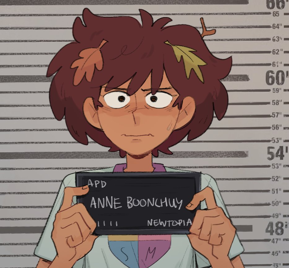1girl amphibia anne_boonchuy barbie_mugshot_(meme) brown_hair byubiyubi character_name dark-skinned_female dark_skin holding holding_sign leaf leaf_on_head meme mugshot school_uniform short_hair sign sjms_school_uniform solo straight-on upper_body wavy_mouth worried