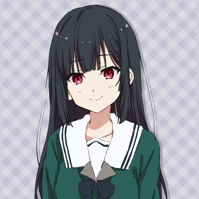 1girl 22/7 22/7_ongaku_no_jikan arms_at_sides black_bow black_bowtie black_hair bow bowtie closed_mouth drop_shadow green_shirt grey_background kurose_kyoko long_hair long_sleeves looking_at_viewer official_art portrait red_eyes rokubanchou_school_uniform sailor_collar school_uniform serafuku shirt sidelocks smile solo straight-on straight_hair white_sailor_collar winter_uniform