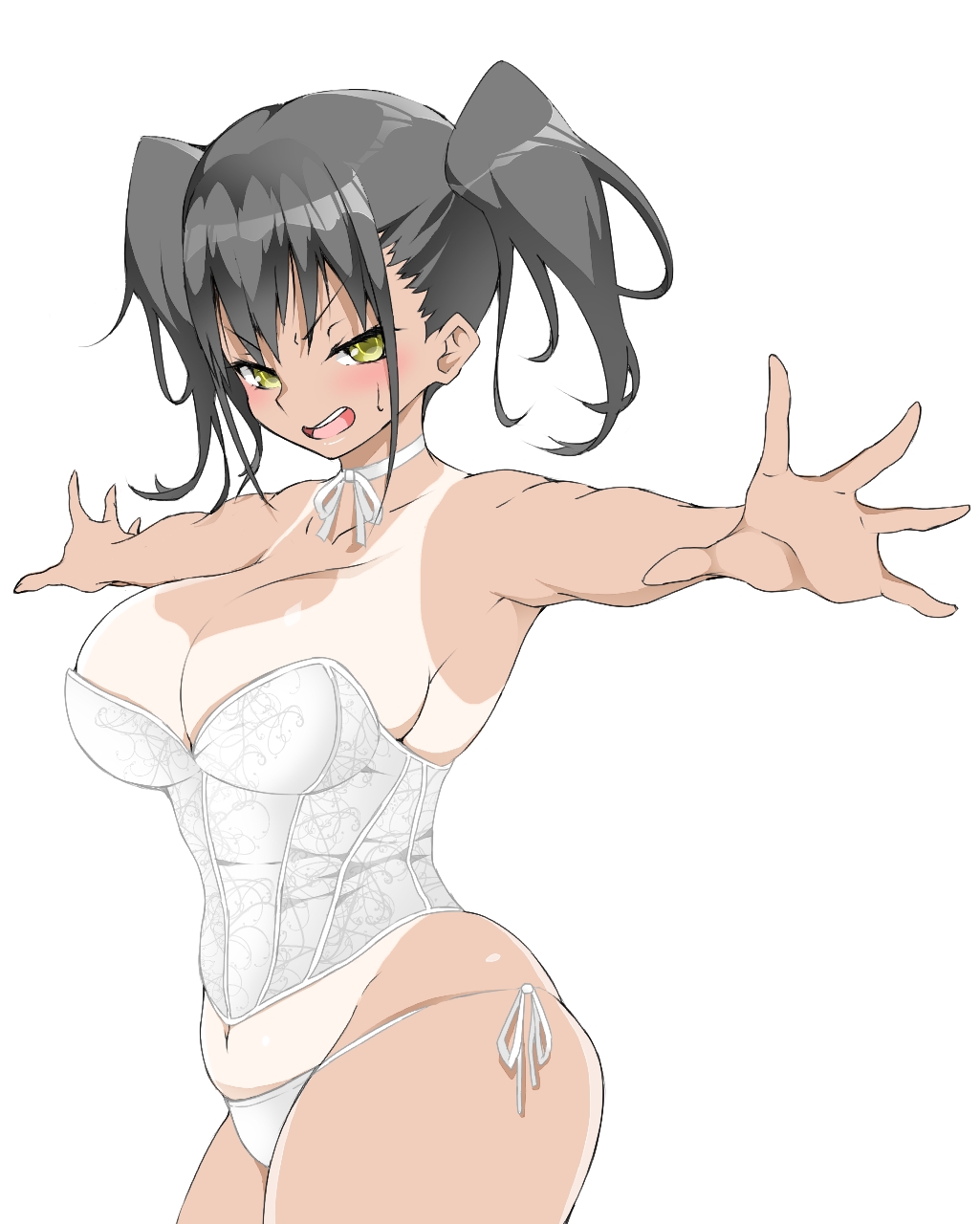 1girl black_hair blush breasts choker cleavage collarbone commentary corset dark_skin forced_smile hair_between_eyes highres large_breasts looking_at_viewer navel ohako open_mouth original outstretched_arms panties short_hair side-tie_panties simple_background solo sweat tan tanline twintails underwear v-shaped_eyebrows white_background white_corset white_panties yellow_eyes