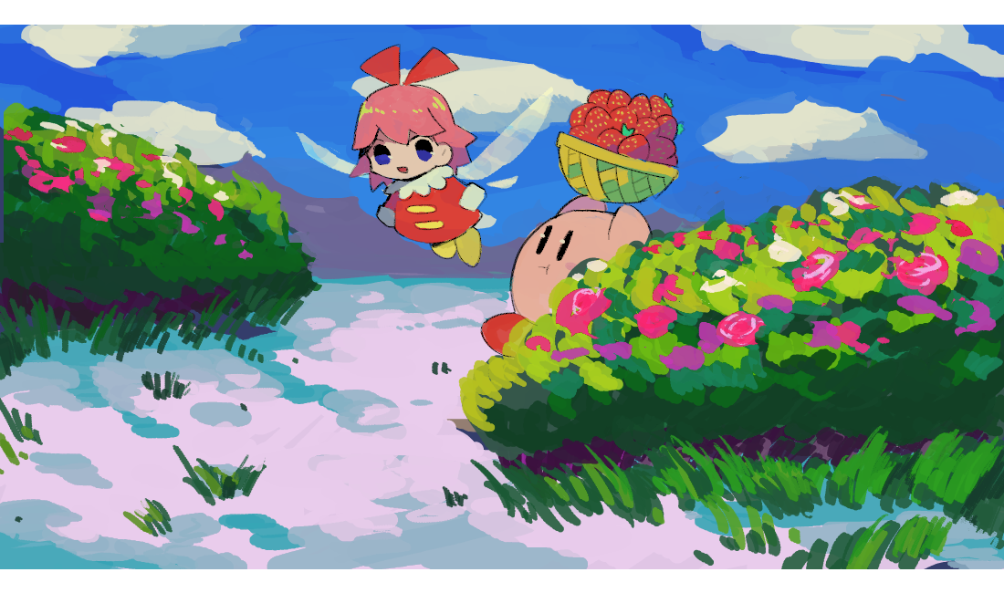 1boy 1girl bad_id bad_pixiv_id basket blue_eyes carrying cloud dress fairy flower food fruit kirby kirby_(series) kirby_64 nintendo open_mouth outdoors pink_hair ribbon_(kirby) smile soumenhiyamugi strawberry