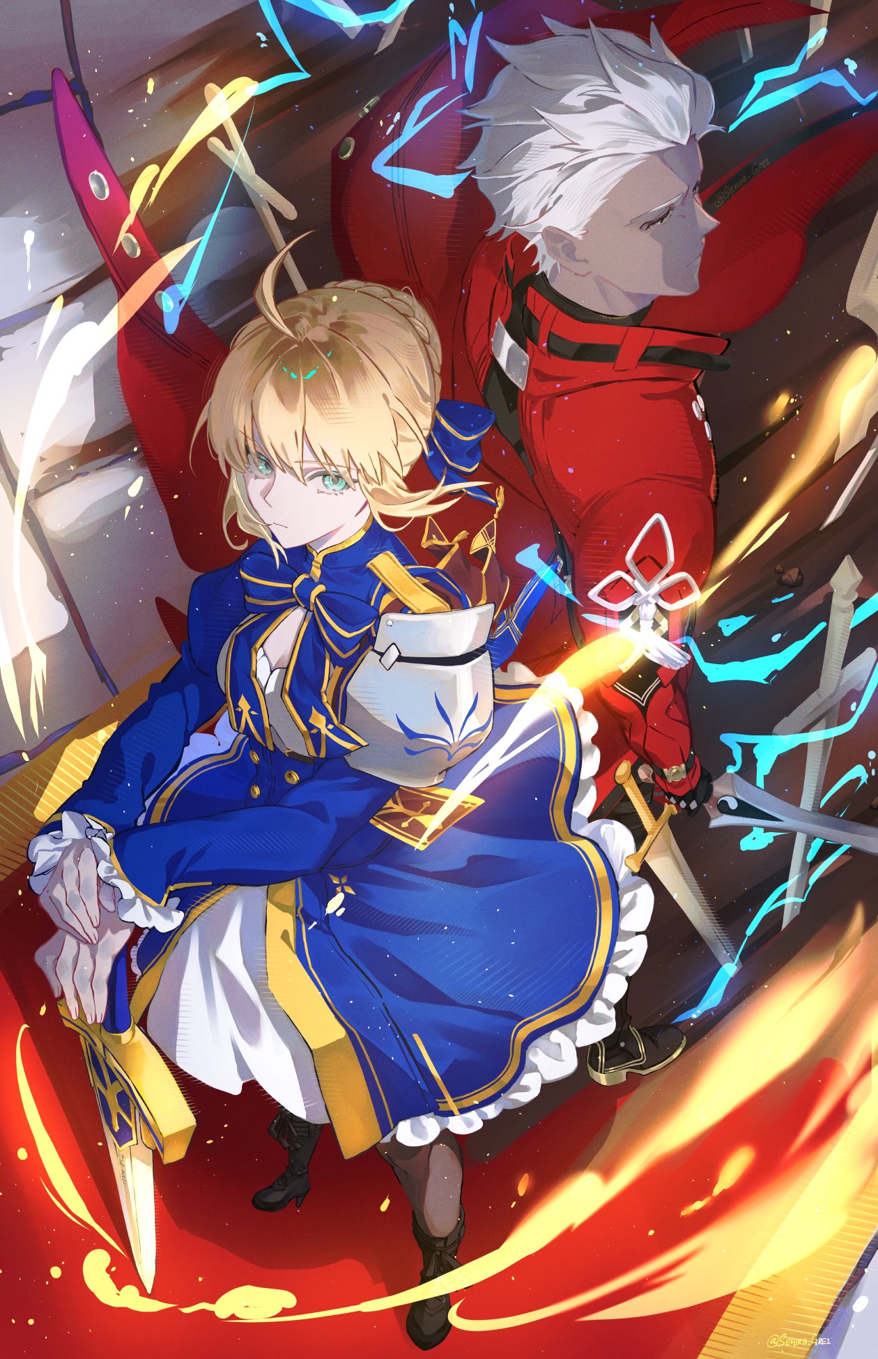 1boy 1girl ahoge archer_(fate) archer_(honkai:_star_rail)_(fate) armor armored_dress artoria_pendragon_(fate) blonde_hair coat dark-skinned_male dark_skin dress excalibur_(fate/stay_night) fate/stay_night fate/unlimited_blade_works fate_(series) fire highres holding holding_sword holding_weapon honkai:_star_rail honkai_(series) red_coat saber_(fate) saber_(honkai:_star_rail)_(fate) sehir0_gurei spiked_hair sword weapon white_hair