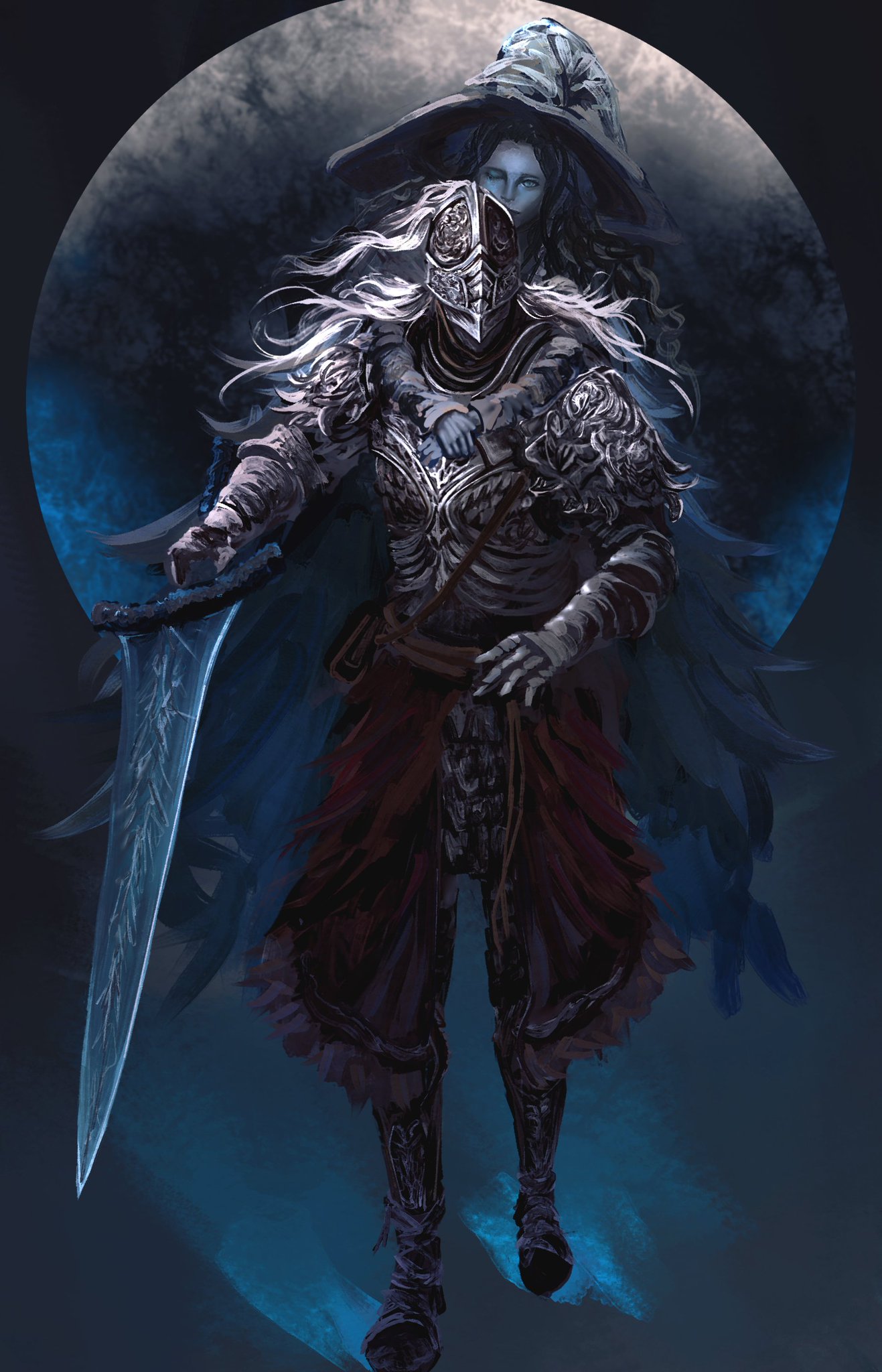 1girl 1other ambiguous_gender armor armored_boots bloody_wolf_(elden_ring) blue_eyes blue_hair blue_skin boots carrying colored_skin commentary_request dress elden_ring full_armor full_body gauntlets graffitigw greatsword hat helmet highres holding holding_sword holding_weapon large_hat long_hair long_sleeves looking_at_viewer moon moonlight_greatsword one_eye_closed piggyback ranni_the_witch simple_background sword tarnished_(elden_ring) very_long_hair wavy_hair weapon white_dress white_hat witch witch_hat