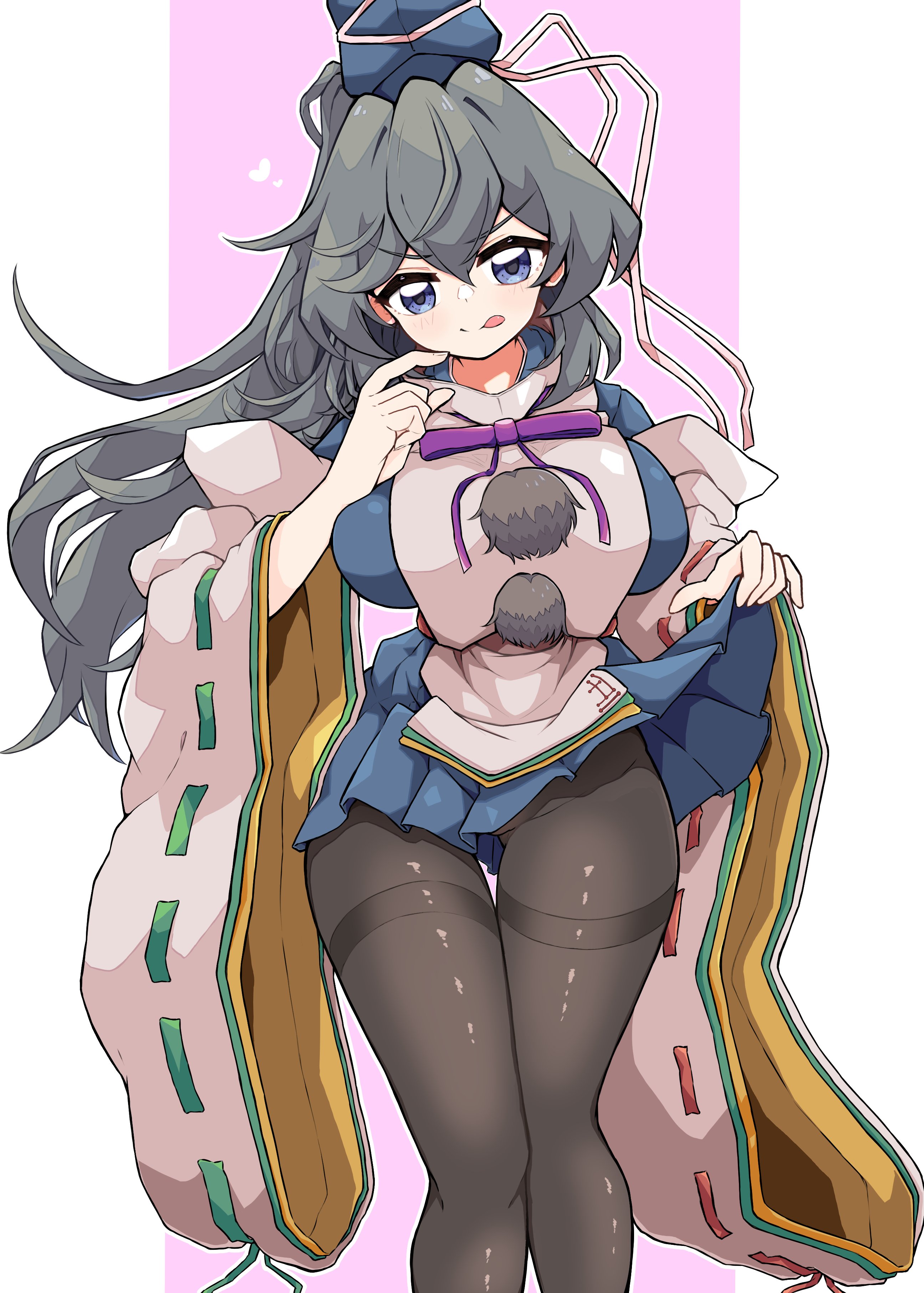 1girl :q absurdres black_pantyhose blue_dress blue_hat blush bow bowtie breasts closed_mouth commentary_request dress feet_out_of_frame gurajio hat high_ponytail highres japanese_clothes kariginu large_breasts long_hair looking_at_viewer mononobe_no_futo pantyhose pom_pom_(clothes) ponytail purple_bow purple_bowtie ribbon-trimmed_sleeves ribbon_trim smile solo tate_eboshi thighband_pantyhose tongue tongue_out touhou white_background white_sleeves wide_sleeves