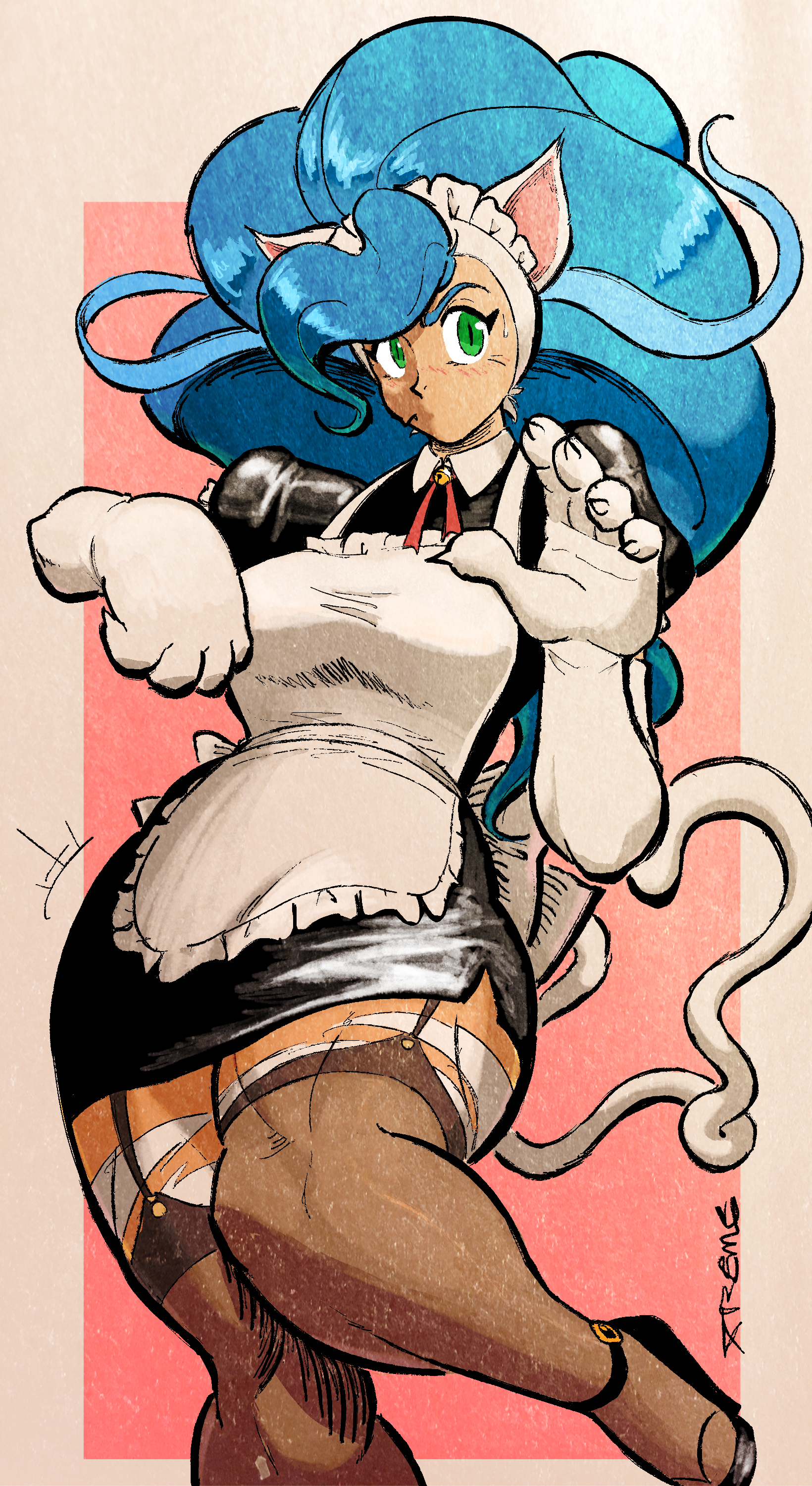 1girl absurdres animal_ears ankle_strap apron bell big_hair black_dress black_footwear blue_hair breasts brown_socks buckle capcom cat_ears cat_girl cat_tail claw_pose claws commentary cowboy_shot dress english_commentary felicia_(darkstalkers) garter_straps high_heels highres jingle_bell large_breasts leg_up maid maid_apron maid_headdress nervous nervous_sweating puffy_short_sleeves puffy_sleeves red_ribbon ribbon sash short_dress short_sleeves signature simple_background socks solo sweat sweatdrop tail thick_thighs thighhighs thighs darkstalkers white_fur white_ribbon white_sash xtremexavier zettai_ryouiki