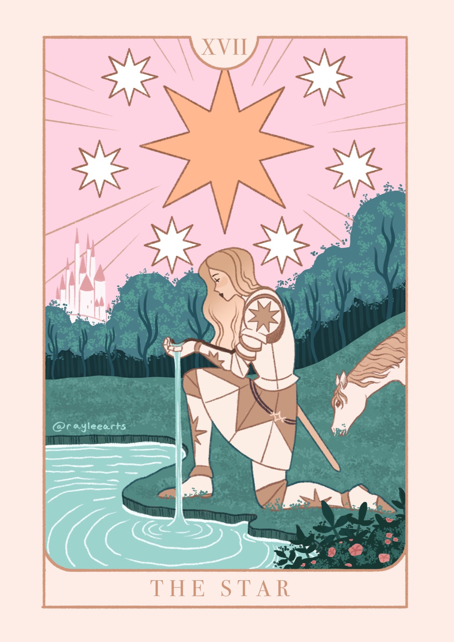 1girl armor armored_skirt border brown_hair bush card_(medium) castle commentary couter cuirass cuisses english_commentary english_text flower forest full_armor gauntlets gold_trim grass grazing_(livestock) greaves highres holding_water horse long_hair nature on_grass on_one_knee original pauldrons pink_border pink_flower pink_sky poleyn pond profile raylee rerebrace ripples roman_numeral sabaton scabbard sheath shoulder_armor sky solo star_(symbol) tarot tarot_(medium) the_star_(tarot) twitter_username vambraces water wavy_hair white_armor