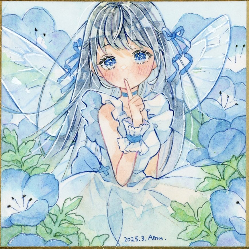 1girl amu_(m_aa) black_hair blue_choker blue_dress blue_eyes blue_flower blue_ribbon choker commentary_request cowboy_shot dated dress expressionless fairy fairy_wings finger_to_mouth flower hair_ribbon long_hair original painting_(medium) ribbon shikishi signature sleeveless sleeveless_dress solo traditional_media watercolor_(medium) wings wrist_cuffs