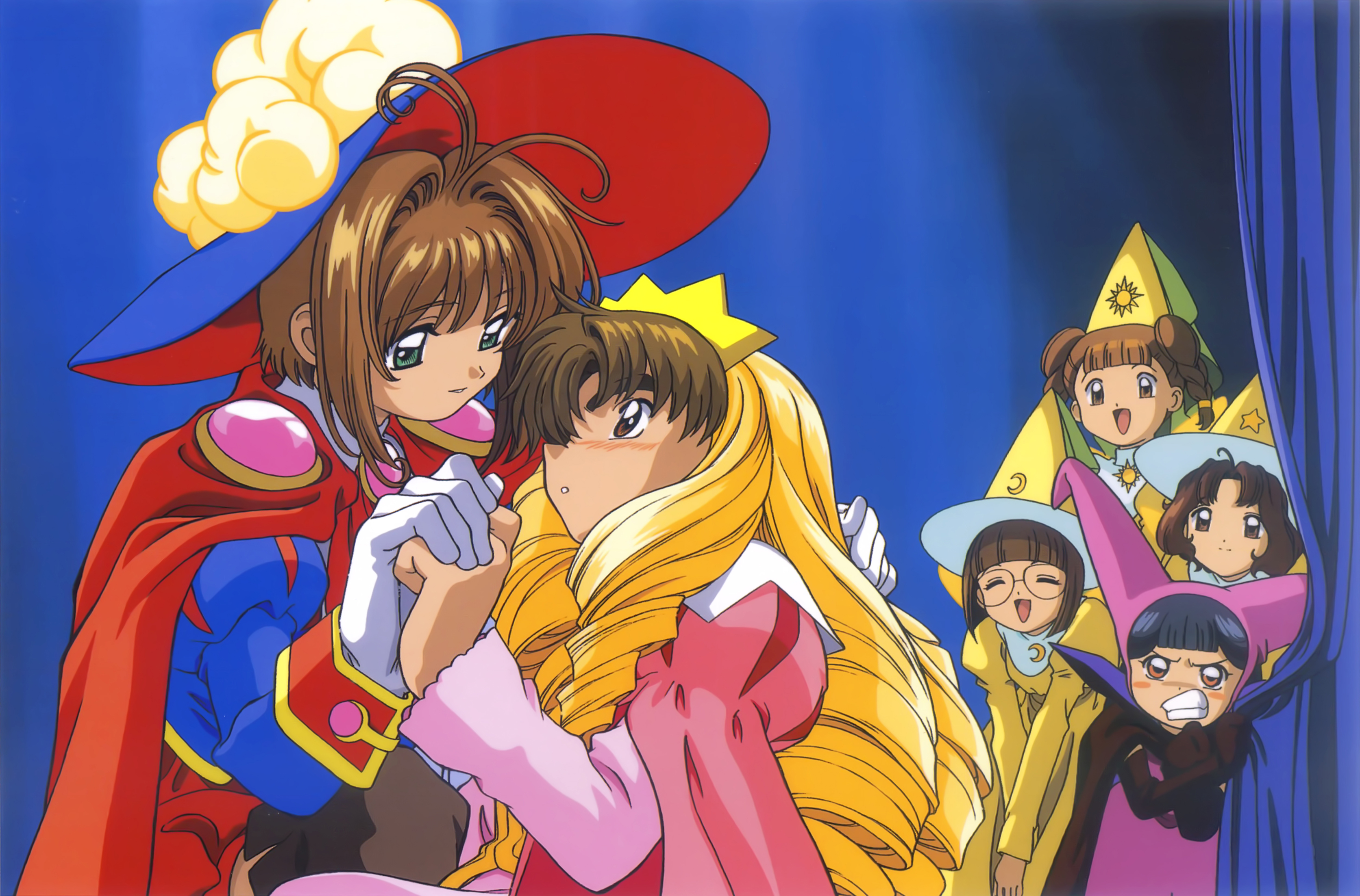 1boy 5girls absurdres artist_request blush brown_hair cardcaptor_sakura child glasses gloves green_eyes hat highres kinomoto_sakura kinomoto_sakura_(sakura_prince) li_meiling li_syaoran mihara_chiharu multiple_girls official_art sasaki_rika scan short_hair smile teeth white_gloves yanagisawa_naoko