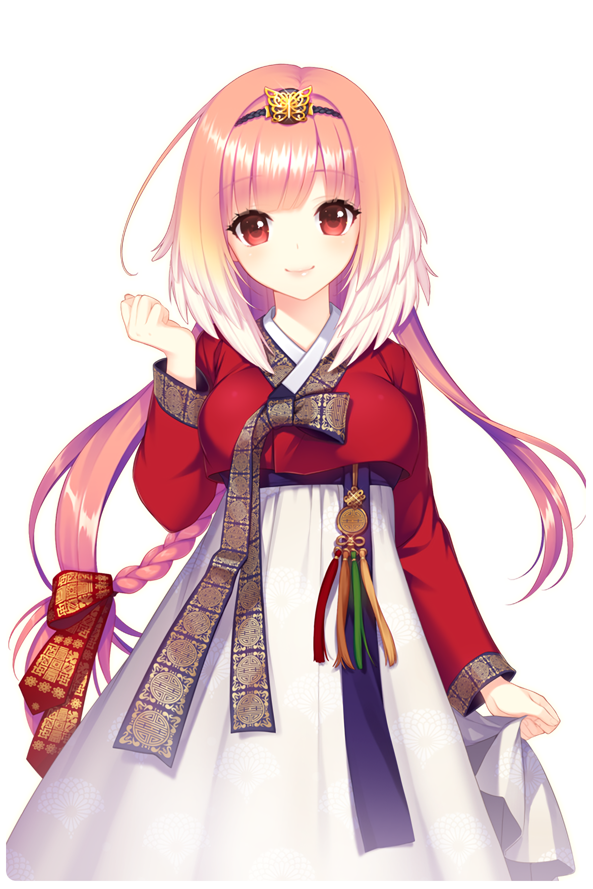 1girl braid breasts butterfly_hair_ornament hair_ornament hanbok hand_up highres korean_clothes long_hair looking_at_viewer medium_breasts official_art pink_hair red_eyes selena_(soccer_spirits) shirahane_nao soccer_spirits transparent_background