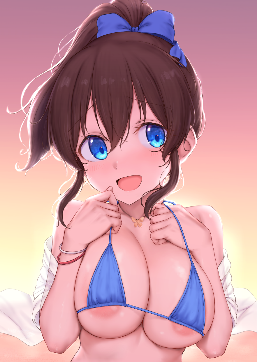 1girl areola_slip bikini blue_bikini blue_eyes blue_ribbon blush bracelet breasts breasts_squeezed_together brown_hair cai_geng gradient_background hair_ribbon highres idolmaster idolmaster_million_live! jewelry large_breasts long_hair looking_at_viewer micro_bikini nipples open_mouth ponytail purple_background revision ribbon satake_minako smile solo sunset swimsuit upper_body yellow_background