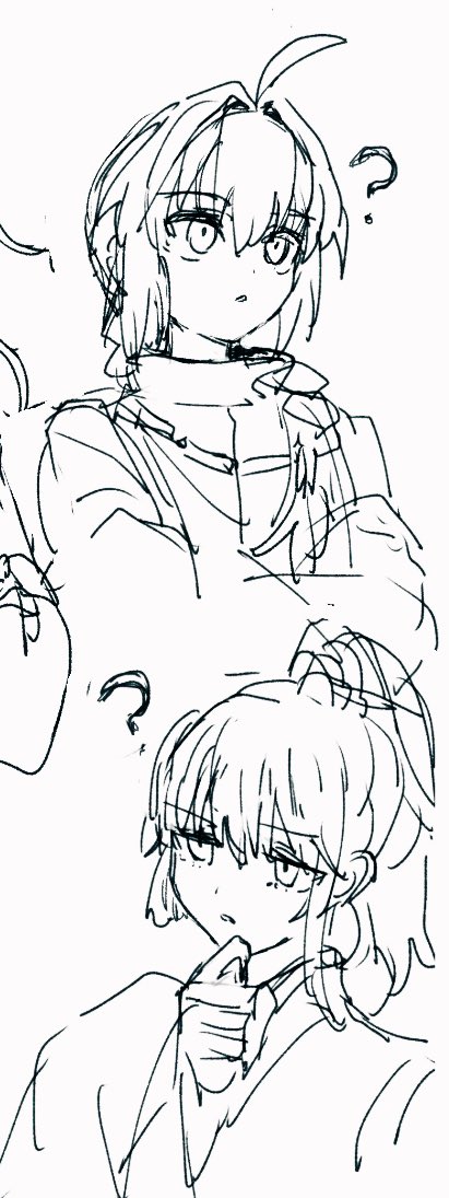 1boy 1other :o ? ahoge archer_(fate/samurai_remnant) braid clenched_hand crossed_arms fate/samurai_remnant fate_(series) frown hair_intakes hair_over_shoulder hand_up high_ponytail lineart long_hair looking_ahead mi_m099 monochrome parted_lips ponytail single_braid sketch thinking upturned_eyes yamato_takeru_(fate)