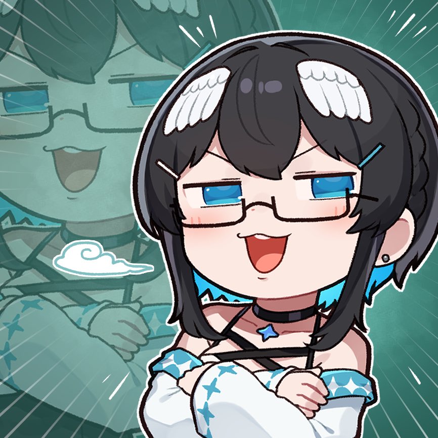 1girl :d black-framed_eyewear black_choker black_dress black_hair blue_eyes blue_hair blush braid chibi choker collarbone commentary_request crossed_arms dress earrings emphasis_lines feathered_wings glasses green_background hair_ornament hairclip half-closed_eyes head_wings indie_virtual_youtuber jacket jewelry kurata_rine kurata_rine_(vtuber) long_sleeves multicolored_hair off_shoulder open_mouth round_teeth semi-rimless_eyewear sidelocks smile solo stud_earrings teeth two-tone_hair under-rim_eyewear upper_teeth_only v-shaped_eyebrows white_jacket white_wings wide_sleeves wings zoom_layer