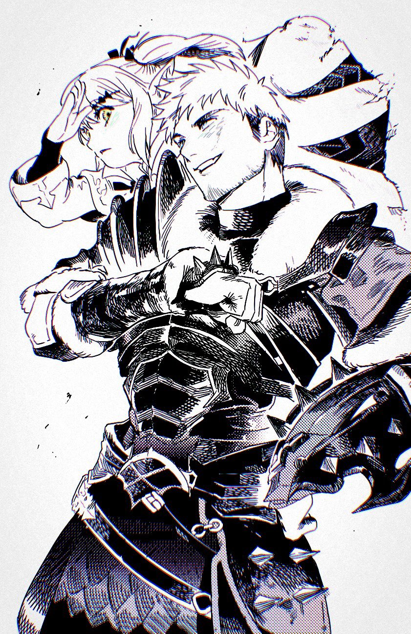 1boy 1girl ardbert_hylfyst armor beard_stubble breastplate clenched_hand cowboy_shot facial_hair faulds final_fantasy final_fantasy_xiv fur_trim hand_on_own_chest hatching_(texture) highres hyur lalafell lamitt monochrome pauldrons ricebal1l short_hair shoulder_armor simple_background smile spikes stubble white_background