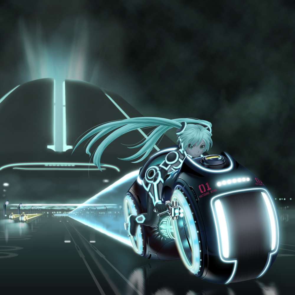 aqua_eyes aqua_hair crossover grid hatsune_miku kagamine_len kagamine_rin led_trim light_cycle motor_vehicle motorcycle neon neon_lights neon_trim reflection tron tron_legacy vehicle vocaloid