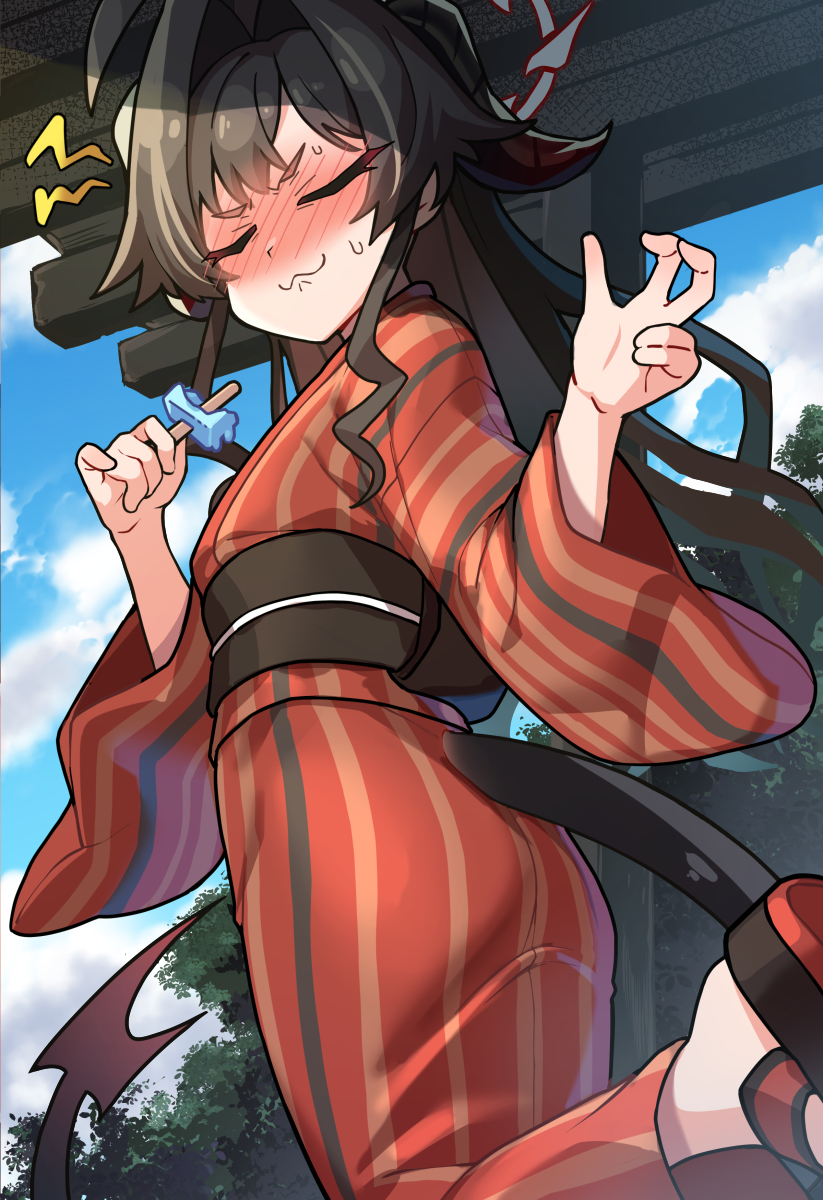 1girl :3 black_hair blue_archive blush brain_freeze closed_eyes cloud commentary_request food hair_intakes halo highres holding holding_food holding_popsicle horns japanese_clothes kasumi_(blue_archive) kimono long_hair looking_at_viewer nose_blush obi outdoors popsicle red_kimono sash sidelocks sky solo striped_clothes striped_kimono sweat tail taketora_suzume white_background yukata