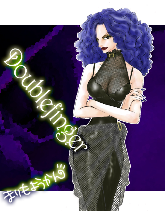 1girl blue_hair blue_nails bodysuit breasts character_name choker cleavage commentary cowboy_shot crossed_arms crossed_legs eyeshadow fishnet_fabric fishnet_top fishnets long_hair looking_at_viewer makeup mascara medium_breasts one_piece paula-ane paula_(one_piece) purple_background red_lips sleeveless solo turtleneck v-shaped_eyebrows