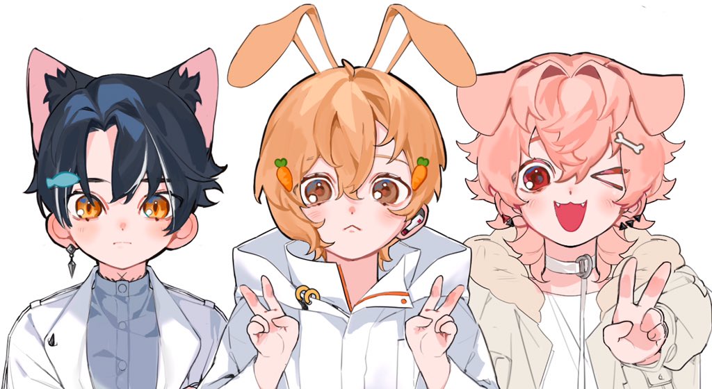 1nm8_(paradox_live) 3boys animal_ears black_hair cat_boy cat_ears dog_boy dog_ears earrings extra_ears itsuki_(paradox_live) jewelry male_focus miyama_kei multicolored_hair multiple_boys multiple_earrings orange_eyes orange_hair paradox_live pink_hair rabbit_boy rabbit_ears red_eyes rokuta_(paradox_live) white_hair yoonmiumi