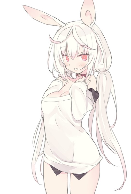 1girl :d animal_ears bare_shoulders blade_(galaxist) blush breasts choker cleavage collarbone commentary_request cowboy_shot female_focus hair_between_eyes hands_up heart kirara_ookami long_hair long_sleeves looking_at_viewer low_twintails medium_breasts off-shoulder_shirt off_shoulder open_mouth pop-up_story rabbit_ears rabbit_girl red_choker red_eyes shirt simple_background sleeves_past_wrists smile solo twintails twintails_day very_long_hair white_background white_hair white_shirt