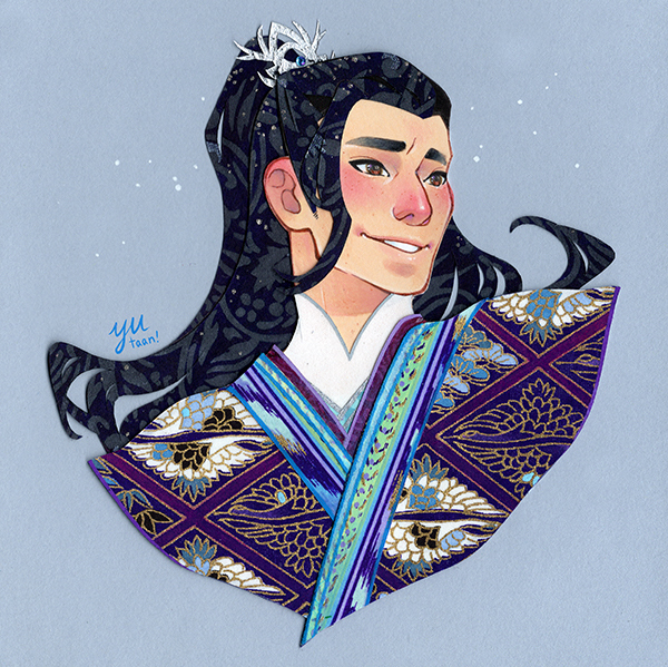 1boy black_hair blue_robe brown_eyes chinese_clothes commentary commission cropped_shoulders english_commentary grey_background hair_ornament half_updo hanfu high_collar high_ponytail jiang_cheng layered_clothes long_hair male_focus modao_zushi open_mouth paper_cutout_(medium) papercraft_(medium) patterned_clothing ponytail portrait print_robe purple_hanfu purple_robe robe signature simple_background smile solo unconventional_media white_robe xiao_guan_(headdress) yutaan