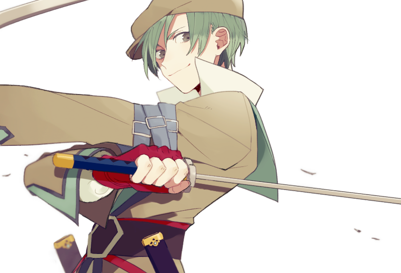 1boy arm_belt belt belt_buckle brown_hat brown_jacket buckle newsboy_cap closed_mouth collared_shirt commentary_request debris dual_wielding fingerless_gloves from_side gloves green_hair grey_eyes hat holding holding_sword holding_weapon jacket lapels looking_to_the_side male_focus multiple_belts popped_collar pprmr red_gloves shirt short_hair sideways_glance simple_background smile solo spada_belforma sword tales_of_(series) tales_of_innocence weapon white_background white_shirt