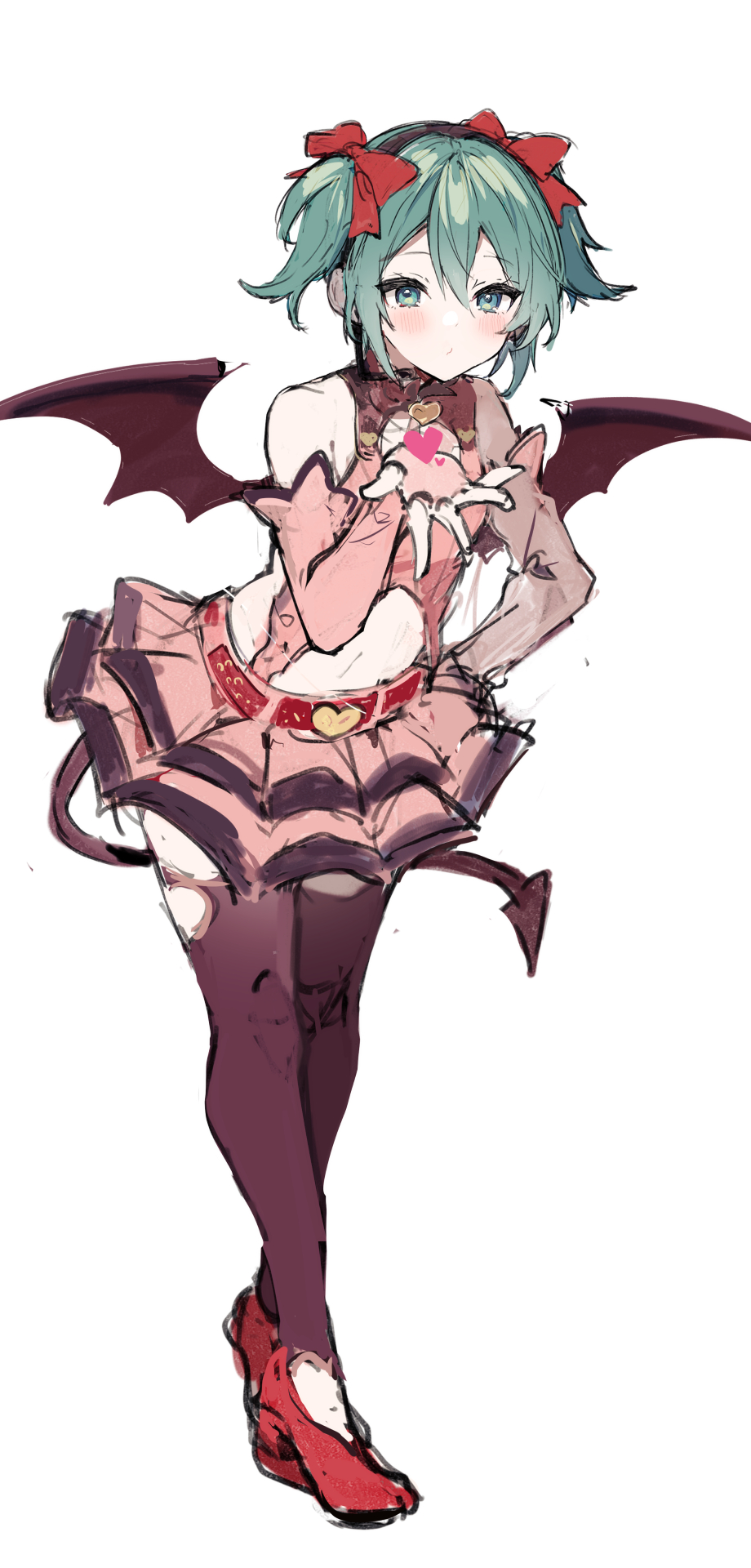 1girl bare_shoulders black_hairband bow brown_thighhighs brown_wings closed_mouth demon_girl demon_tail demon_wings elbow_gloves fingerless_gloves full_body gloves green_eyes green_hair hair_between_eyes hair_bow hairband hand_up hatsune_miku hatsune_miku_(heart_hunter) heart highres ikeuchi_tanuma layered_skirt navel pink_gloves pink_skirt pleated_skirt project_diva project_diva_(series) red_bow red_shoes shoes simple_background sketch skirt solo standing tail thighhighs twintails white_background wings