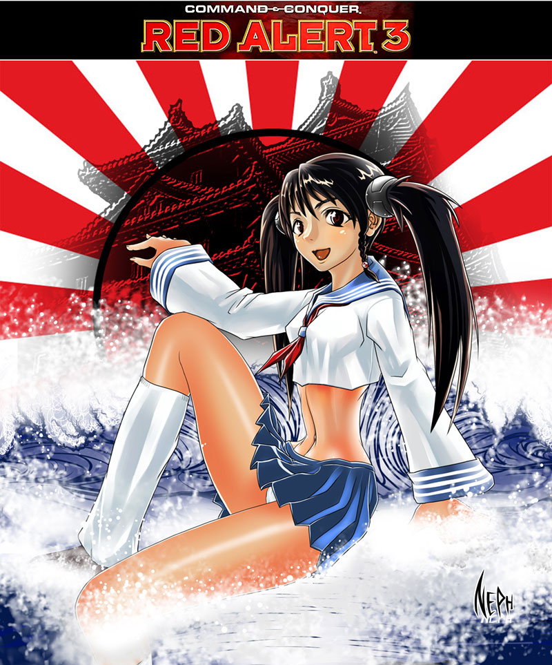 1girl :d breasts command_&amp;_conquer command_&amp;_conquer:_red_alert command_&amp;_conquer:_red_alert_3 crop_top female_focus long_sleeves looking_at_viewer midriff navel open_mouth panties pantyshot pleated_skirt red_alert_3 school_uniform serafuku sitting skirt smile solo splashing stomach twintails underwear water white_panties yuriko_omega