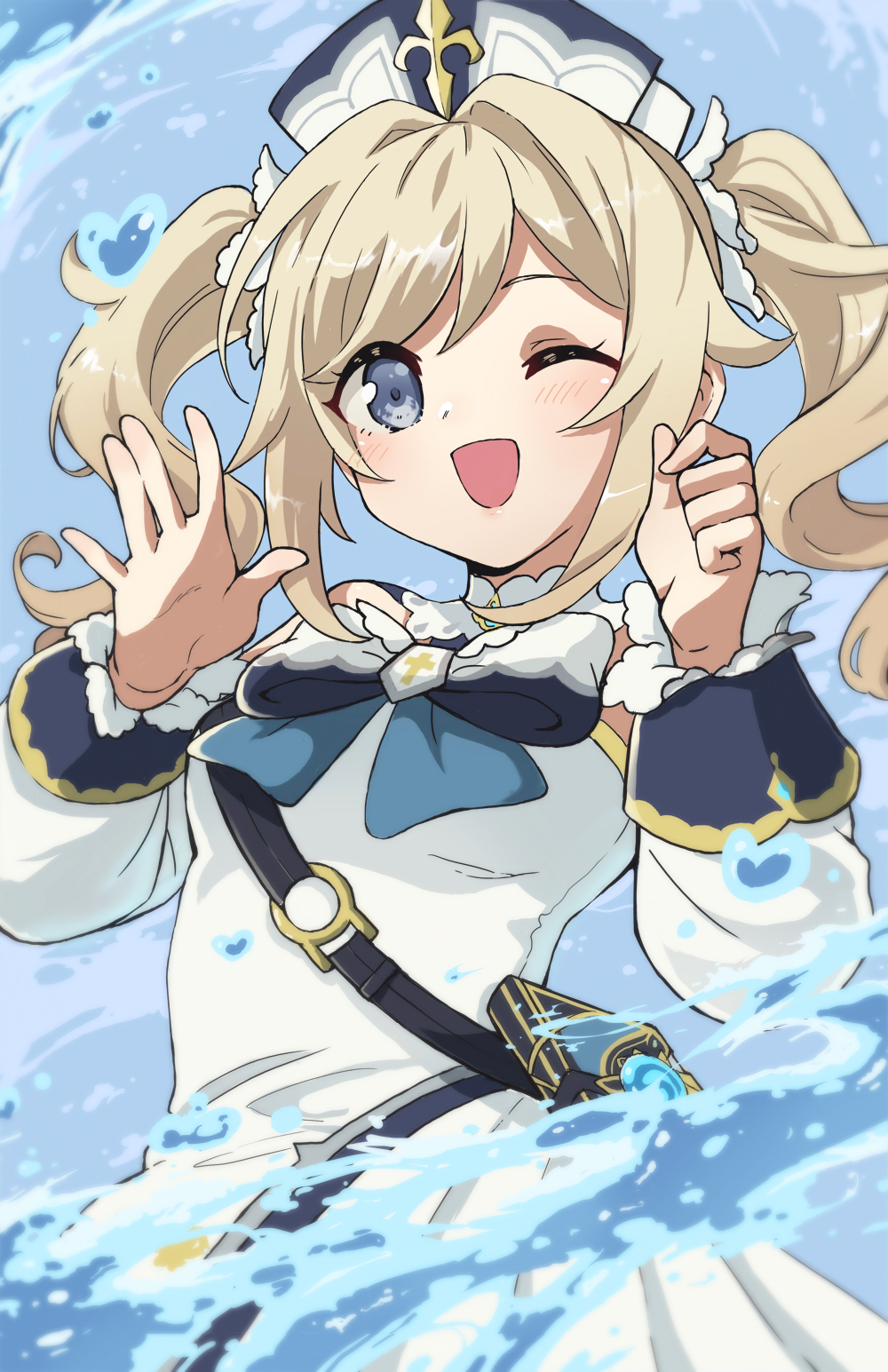 1girl barbara_(genshin_impact) blonde_hair blue_eyes genshin_impact hat heart highres long_sleeves md5_mismatch medium_hair monotsuki one_eye_closed open_mouth resolution_mismatch ribbon source_smaller twintails water