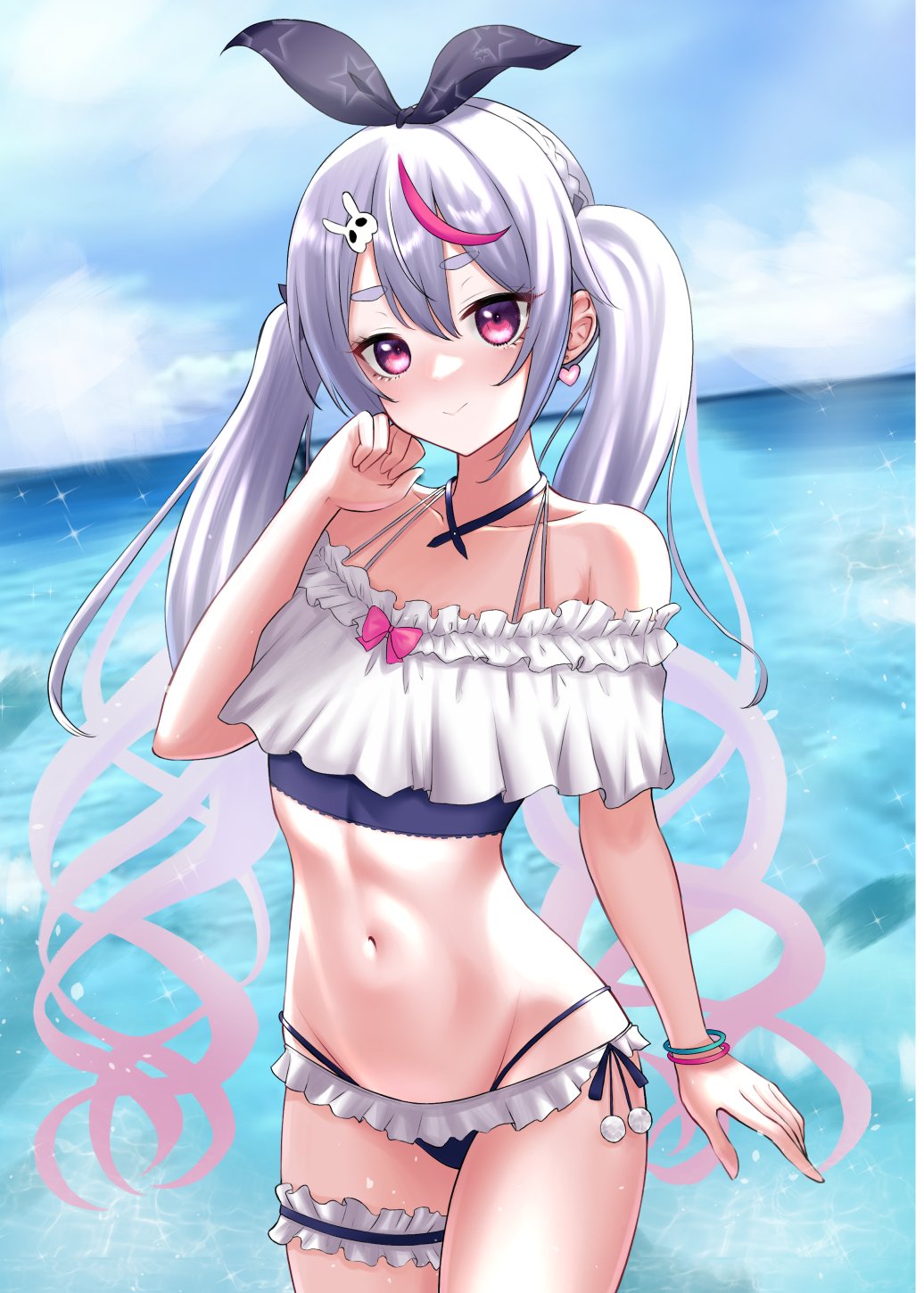 akutagawa_joo bikini black_hairband blue_bikini blush bow bracelet braid cloud collar cowboy_shot day earrings frilled_bikini frilled_thigh_strap frills gradient_hair grey_hair hair_ornament hairband heart heart_earrings highres horizon jewelry long_hair looking_at_viewer multi-strapped_bikini_bottom multi-strapped_bikini_top multicolored_hair navel nose_blush ocean off-shoulder_bikini off_shoulder outdoors pink_bow pink_hair purple_eyes purple_hair rabbit_hair_ornament short_eyebrows side-tie_bikini_bottom stomach stomach_day streaked_hair swimsuit tankini thigh_strap tosaki_mimi tosaki_mimi_(summer_c102) twintails very_long_hair virtual_youtuber vspo! wavy_hair white_bikini