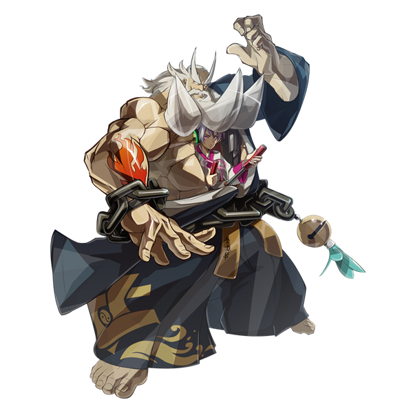 1boy 1girl arc_system_works bald barefoot beard bell big_hair chain facial_hair gen:levers guilty_gear guilty_gear_xrd guilty_gear_xrd:_revelator huge_eyebrows jingle_bell kum_haehyun muscular official_art robot tattoo thick_eyebrows