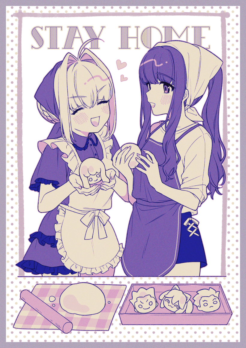2girls :d ahoge alternate_costume apron archer_(fate) blush closed_eyes commentary_request dough dress english_text fate/extra fate_(series) gilgamesh_(fate) hair_bun hair_intakes headscarf heart karokuchitose kishinami_hakuno_(female) long_hair monochrome multiple_girls nero_claudius_(fate) nero_claudius_(fate/extra) open_clothes open_mouth ponytail rolling_pin simple_background single_hair_bun smile tamamo_(fate) tamamo_no_mae_(fate/extra)