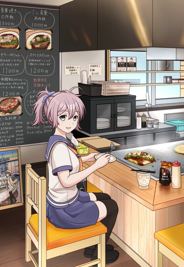 1girl aoba_(kancolle) black_thighhighs blue_eyes blue_scrunchie blue_shorts chair chalkboard commentary_request counter food griddle hitakikan kantai_collection kitchen neckerchief okonomiyaki ponytail purple_hair purple_sailor_collar sailor_collar sailor_shirt scrunchie shirt shorts sitting solo spatula thighhighs translation_request white_shirt