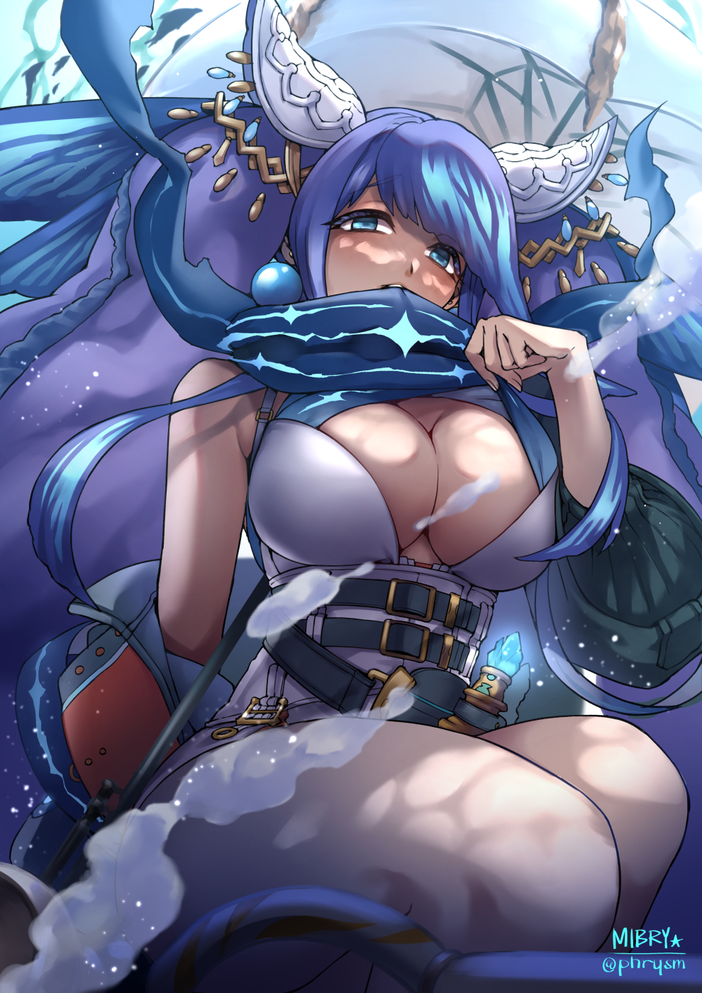 1girl beads belt_buckle biting biting_clothes blue_eyes blue_hair breasts bubble buckle cleavage cosplay earrings fins hair_beads hair_ornament head_fins highres jacket jewelry large_breasts little_match_girl_(sinoalice) little_match_girl_(sinoalice)_(cosplay) long_hair looking_at_viewer mibry_(phrysm) molotov_cocktail ningyo_hime_(sinoalice) open_clothes open_jacket pantyhose removing_jacket scarf sidelocks signature sinoalice sitting solo star_(symbol) twintails underwear white_pantyhose