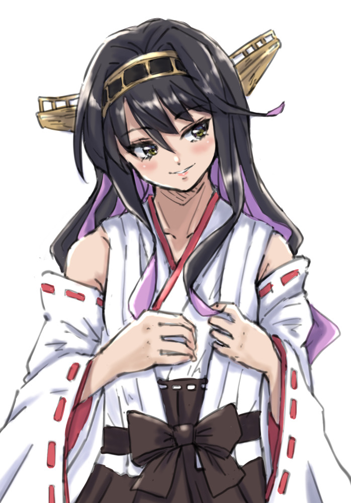 1girl black_eyes black_hair commentary_request cosplay detached_sleeves hairband headgear japanese_clothes kantai_collection kongou_(kancolle) kongou_(kancolle)_(cosplay) ld_(luna_dial398) long_hair multicolored_hair naganami_(kancolle) parted_lips pink_hair ribbon-trimmed_sleeves ribbon_trim simple_background smile solo upper_body white_background