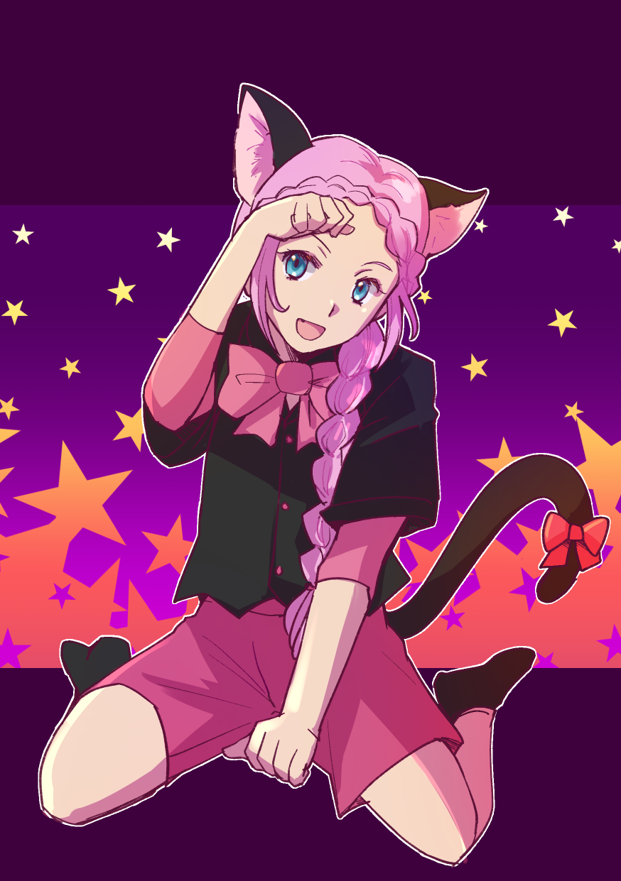 1boy animal_ears black_shirt black_socks blue_eyes bow braid cat_boy cat_ears cat_tail classicaloid eyelashes full_body highres kemonomimi_mode kneeling kusano_gurima male_focus open_mouth paw_pose pink_bow pink_hair pink_shorts shirt shorts socks solo tail wolfgang_amadeus_mozart_(classicaloid)