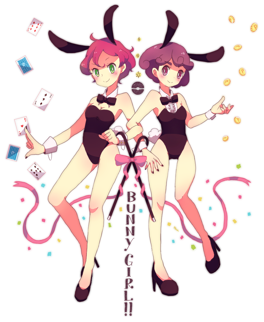 2girls 33lol alternate_costume animal_ears black_nails black_neckwear blush bow breasts burgundy_(pokemon) cane card confetti fake_animal_ears georgia_(pokemon) green_eyes high_heels leotard locked_arms looking_at_viewer money multiple_girls nail_polish nintendo pink_bow pink_ribbon playboy_bunny playing_card poke_ball_symbol pokemon pokemon_(anime) pokemon_bw_(anime) purple_eyes purple_hair rabbit_ears rabbit_tail red_hair ribbon short_hair small_breasts smile standing tail wrist_cuffs