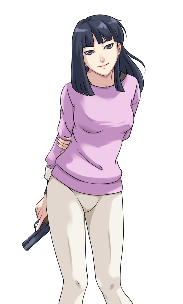 1girl arms_behind_back black_eyes black_hair blunt_bangs casual female_focus gun handgun head_tilt kanuka_clancy kidou_keisatsu_patlabor light_smile m1911 pantyhose pistol smile solo tomoshiki weapon white_pantyhose