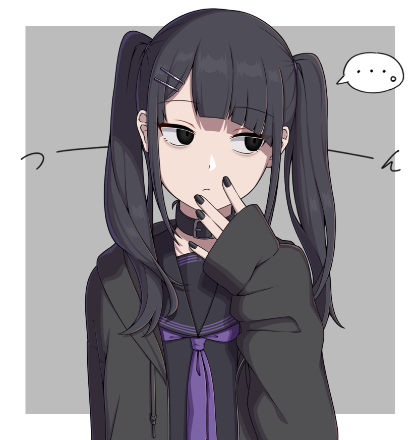 ... 1girl bismuth_(paravene) black_choker black_eyes black_hair black_jacket black_nails black_sailor_collar black_serafuku border choker hakoniwa_keikaku hand_up hood hood_down hooded_jacket jacket long_sleeves looking_to_the_side mikurube_eli neckerchief purple_neckerchief purple_trim sailor_collar school_uniform serafuku simple_background solo spoken_ellipsis twintails upper_body white_border