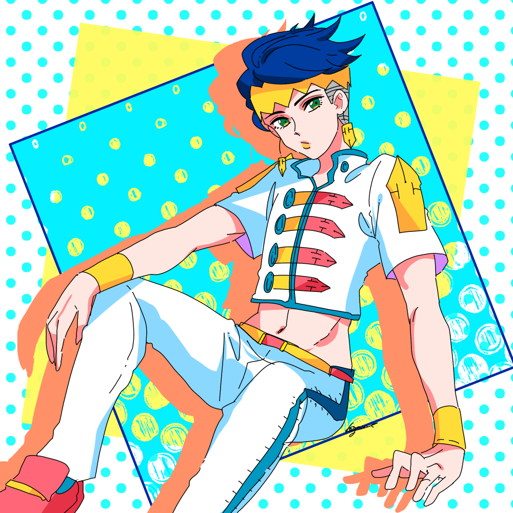 1boy blue_hair diamond_wa_kudakenai earrings green_eyes groin hairband headband jewelry jojo_no_kimyou_na_bouken kishibe_rohan kogatarou male_focus midriff orange_lips polka_dot polka_dot_background solo stitched_pants toggles undercut wristband