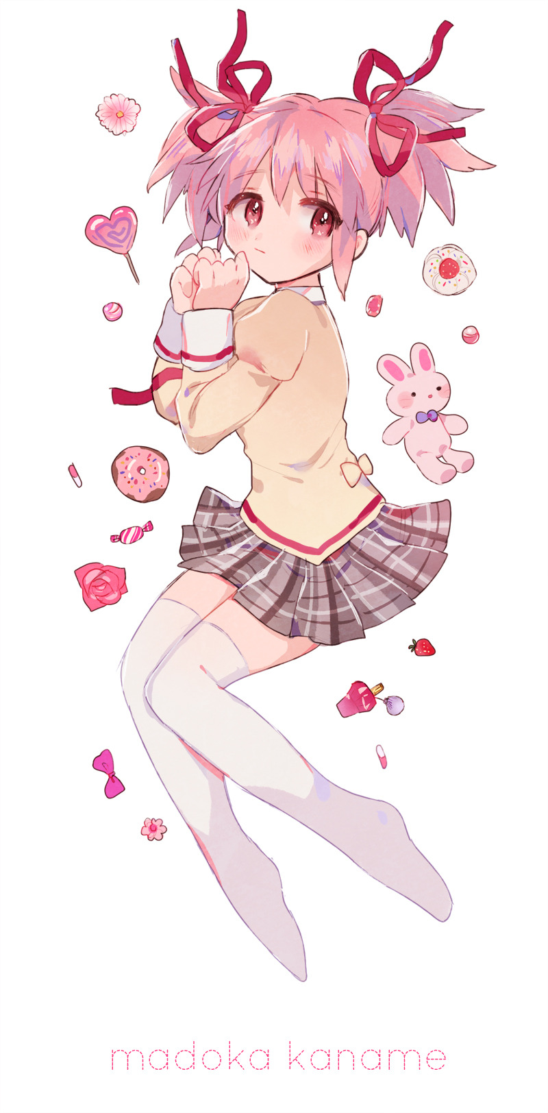 1girl back_bow beige_bow blush_stickers bottle bow bowtie brown_skirt candy candy_wrapper character_name clenched_hands closed_mouth cream cupcake dot_nose donut expressionless facing_viewer flower food fruit full_body hair_ribbon hands_up heart heart-shaped_food heart-shaped_lollipop highres juliet_sleeves kaname_madoka knees_together_feet_apart light_blush lollipop long_sleeves looking_to_the_side mahou_shoujo_madoka_magica marble mitakihara_school_uniform miyako_(xxxbibit) no_shoes pastry perfume_bottle pill pink_eyes pink_flower pink_hair pink_ribbon pink_rose pink_theme plaid_clothes plaid_skirt pleated_skirt puffy_sleeves purple_bow purple_bowtie red_ribbon ribbon rose school_uniform shaped_lollipop short_twintails simple_background skirt solo sprinkles strawberry stuffed_animal stuffed_rabbit stuffed_toy thighhighs twintails white_background white_thighhighs zettai_ryouiki