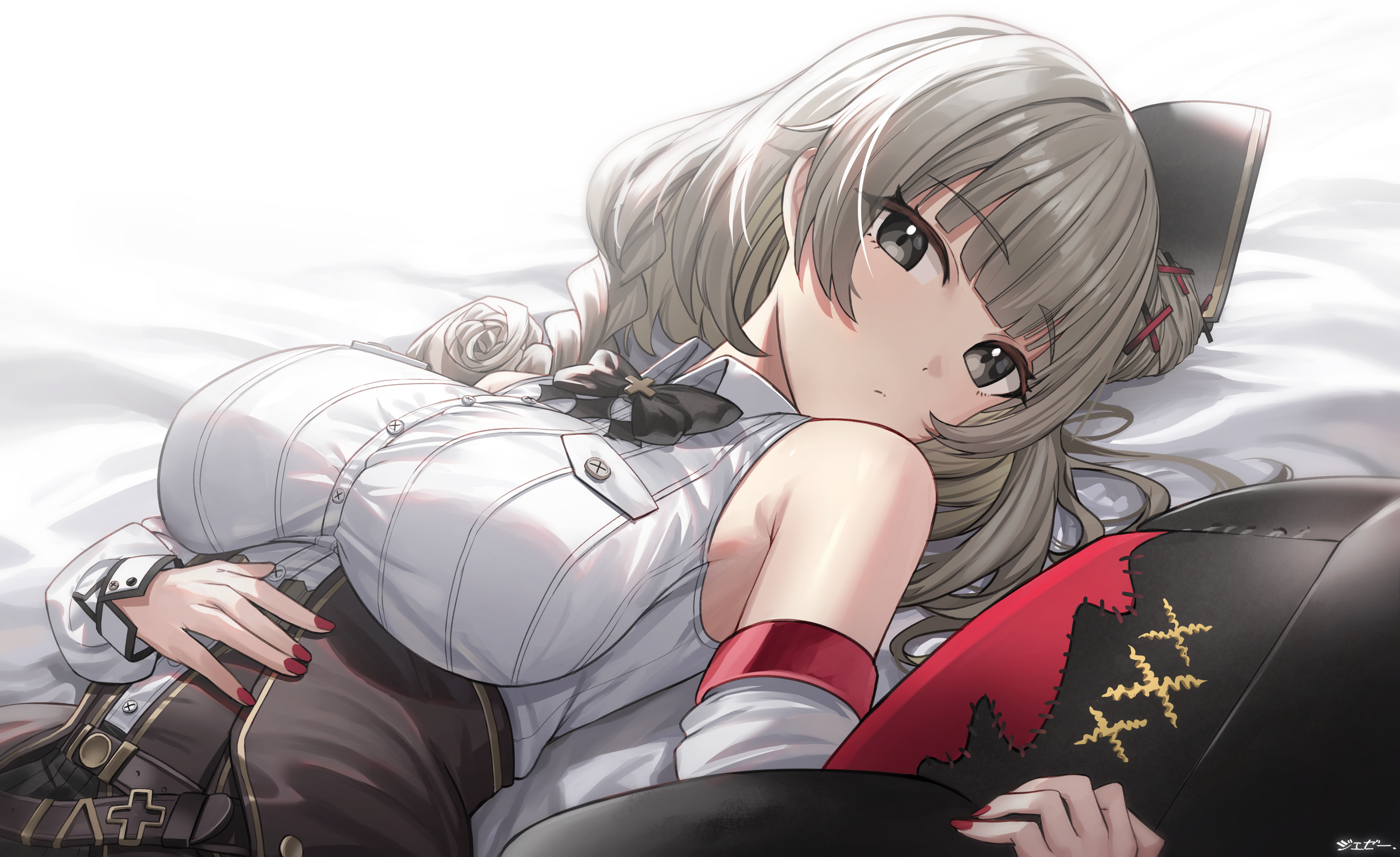 1girl absurdres azur_lane belt black_bow black_headwear black_skirt blouse bow braid breast_pocket breasts collared_shirt detached_sleeves drill_hair drill_sidelocks hand_on_own_stomach hat highres jeze large_breasts long_hair looking_at_viewer luetzow_(azur_lane) lying mini_hat nail_polish necktie on_bed platinum_blonde_hair pocket shirt sidelocks skirt stuffed_toy white_shirt