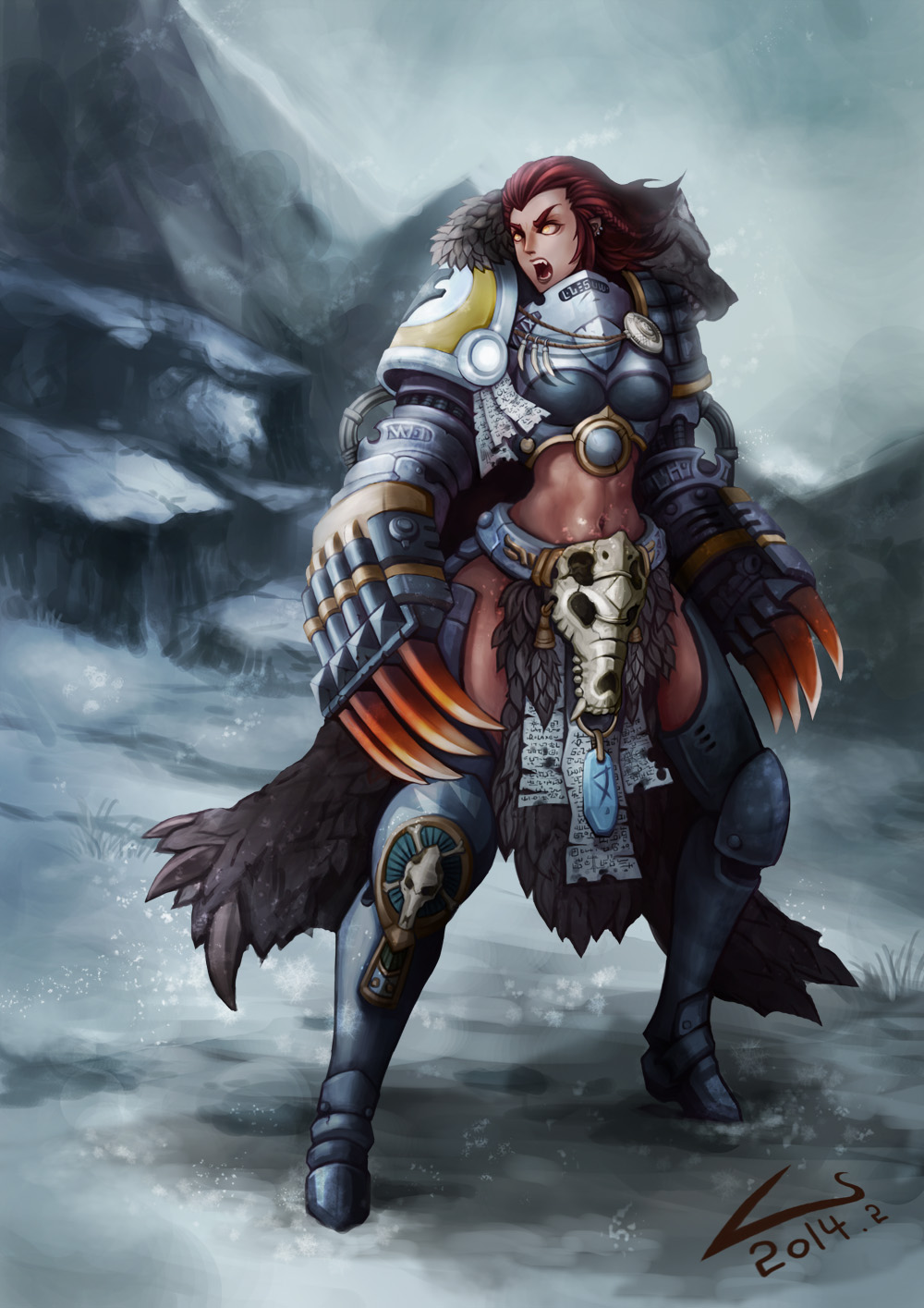 1girl adapted_costume animal_skull armor boots braid breasts dated fangs female_focus fur gauntlets genderswap genderswap_(mtf) heresy highres l_axe medium_breasts midriff navel no_pupils pauldrons power_armor power_claw purity_seal red_hair shoulder_armor signature skull snow solo space_wolves thigh_boots thighhighs warhammer_40k yellow_eyes