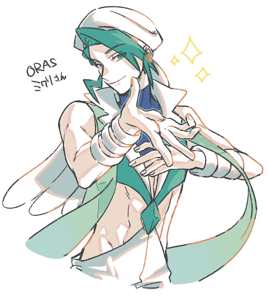 1boy bangle beret bracelet character_name closed_mouth commentary_request cropped_shirt green_eyes green_hair green_scarf hands_up hat jewelry kado_51 male_focus nintendo pants pokemon pokemon_oras scarf see-through_scarf shirt short_hair simple_background smile solo sparkle vest wallace_(pokemon) white_background white_hat white_pants