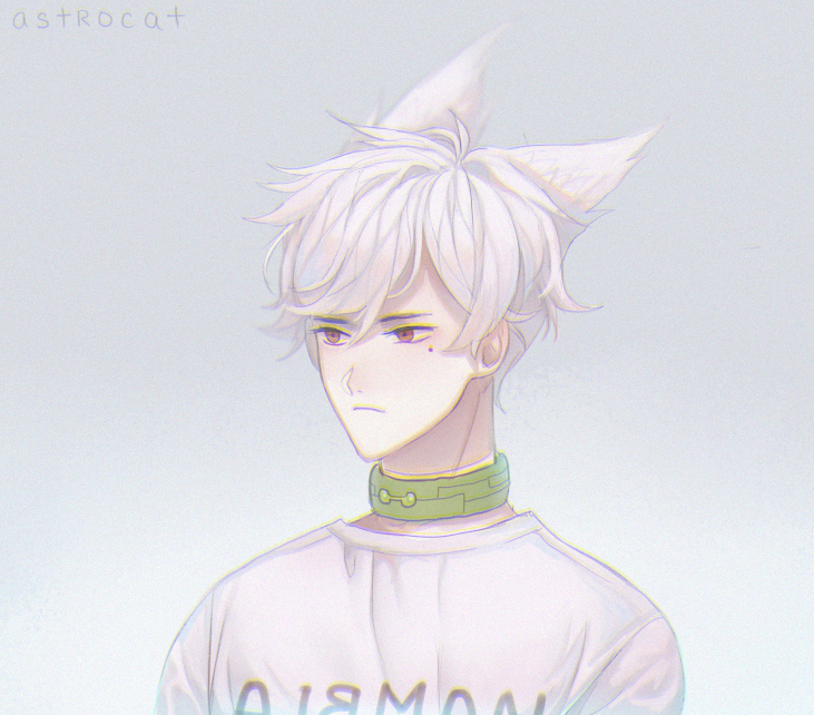 1boy animal_ears artist_name astrocatsama cat_ears choker closed_mouth commentary english_commentary frown gradient_background green_choker grey_background light_blush looking_at_another male_focus mole mole_under_eye original red_eyes shirt short_hair simple_background solo t-shirt upper_body white_hair white_shirt white_sleeves