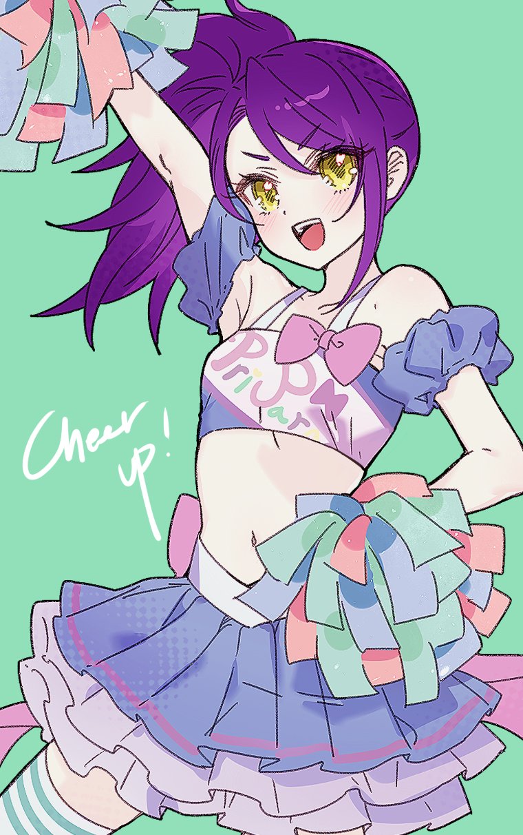 1girl :d arm_up blue_skirt bow breasts cheering cheerleader chuu0105 clothes_writing cowboy_shot crop_top detached_sleeves green_background hand_on_own_hip highres holding holding_pom_poms layered_skirt long_hair looking_at_viewer midriff open_mouth outstretched_arm pink_bow pleated_skirt pom_pom_(cheerleading) pom_poms pretty_series pripara purple_hair side_ponytail simple_background skirt small_breasts smile solo standing thighhighs toudou_shion v-shaped_eyebrows writing yellow_eyes