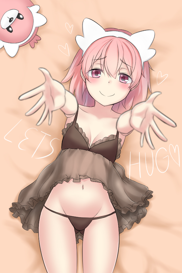 10s 1girl 1nilla&#039; animal_ears babydoll bed bewear black_panties blush breasts cleavage creature_and_personification female_focus gen_7_pokemon heart lingerie moemon nintendo panties personification pink_eyes pink_hair pokemon pokemon_(creature) pokemon_sm solo underwear