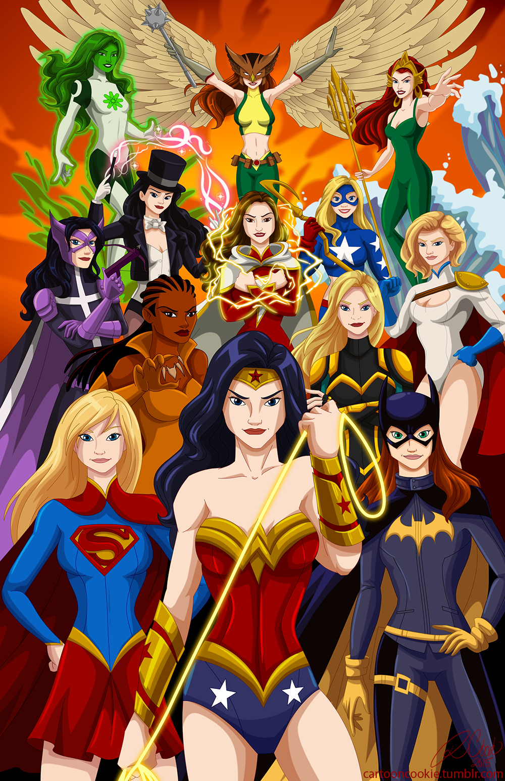 6+girls amazon_warrior arm_up armor arms_up barbara_gordon bare_legs bare_shoulders batgirl birds_of_prey black_canary black_hair blonde_hair blue_eyes blue_gloves bodysuit bow bow_(weapon) bowtie bracelet braid breasts brown_hair cape claws cleavage cleavage_cutout clothing_cutout collarbone colored_skin courtney_whitmore crossbow dark-skinned_female dark_skin dc_comics detached_collar everyone female_focus flying gloves green_hair green_skin grey_gloves grin hand_on_own_hip hat hawkgirl highres holding huntress_(dc) jade_(dc) jewelry justice_league justice_society_of_america kryptonian legs leotard lips lipstick long_hair looking_at_viewer mace magic magician makeup mari_jiwe_mccabe mary_batson mask masquerade mera midriff multiple_girls navel neck necklace outstretched_arm pauldrons pink_lips polearm power_girl purple_gloves queen red_cape red_gloves red_hair red_lips red_skirt s_shield short_hair shoulder_armor single_pauldron skirt sleeveless smile standing stargirl strapless supergirl tiara top_hat trident turtleneck v-neck vixen_(dc) wand water weapon wonder_woman yellow_gloves zatanna_zatara
